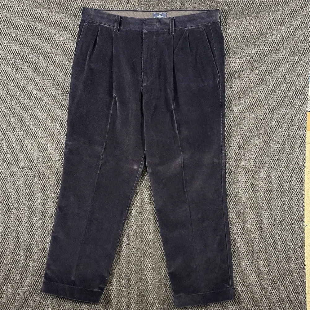 Y2K Dockers Corduroy Pants Men's 36x29 Navy Relaxed Fit Pleated Wide Wale Cuffed